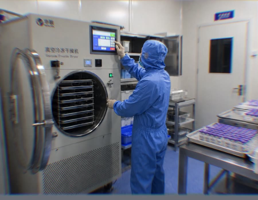 Technician operating a vacuum freeze dryer